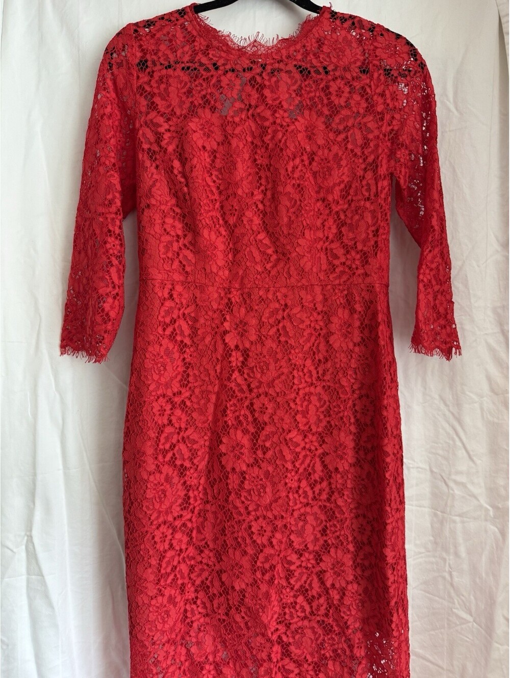 J.Crew Red Floral Lace Sheath Midi Dress 3/4 Sleeve Bow Back Zip Size 4